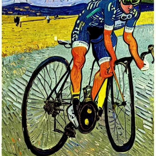 Prompt: jonas vingegaard on his bike in tour de france art by van gogh.