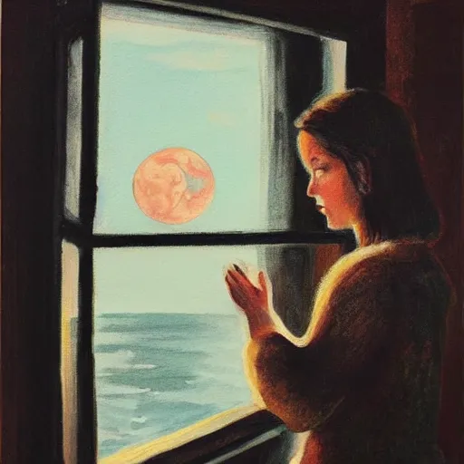 Image similar to painting of brunette girl looking out the window at the moon, love