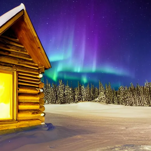 Image similar to log cabin in an icy polar scene, polar bear walking past, lit by bright aurora borealis, by john avon