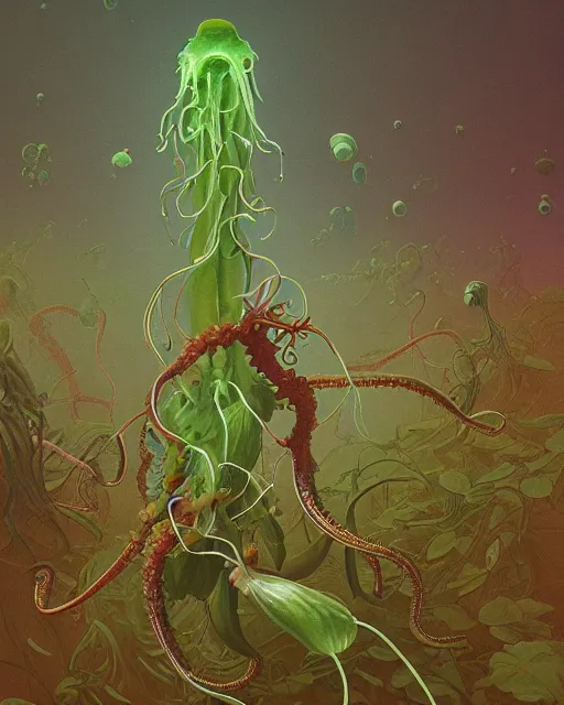 Image similar to scientific botanical illustration of beautiful alien plants with glowing parts, with slimy tentacles, trending on artstation, by james jean and simon stalenhag and zdzisław beksinski