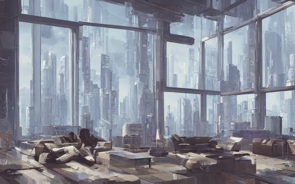 Prompt: cyberpunk loft lounge with tall windows, no people, city in background, drawn by feng zhu