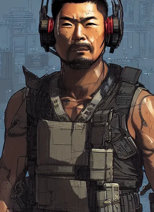 Image similar to Dangerous Hiro. buff Japanese cyberpunk mercenary wearing a cyberpunk tactical headset and military vest. square face. Realistic Proportions. Concept art by James Gurney and Laurie Greasley. Moody Industrial skyline. ArtstationHQ. Creative character design for cyberpunk 2077.