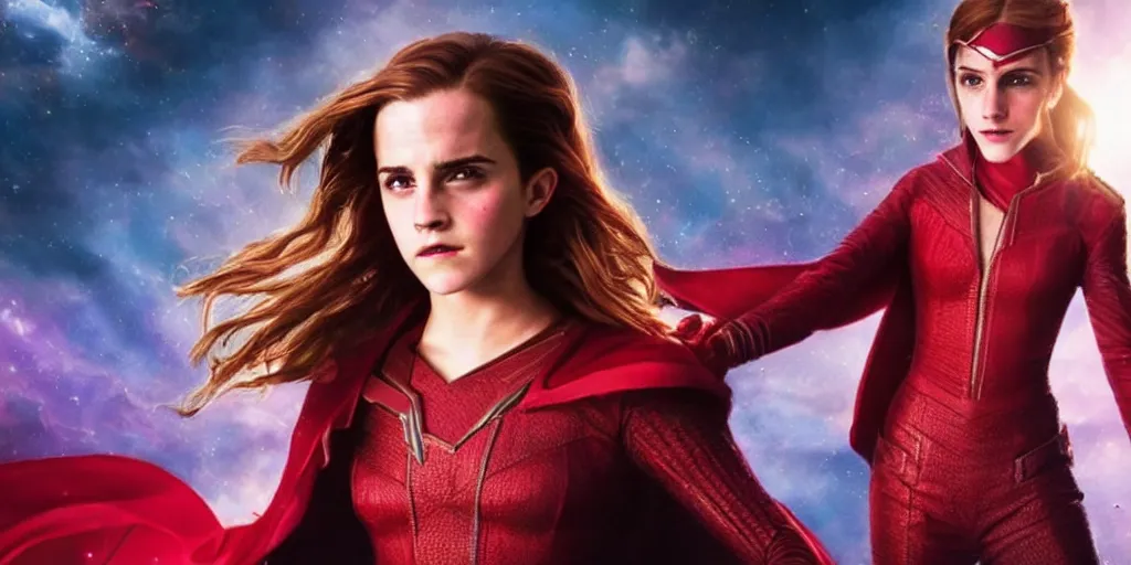 Prompt: photorealistic art of Emma Watson as Scarlet Witch, dynamic lighting, space atmosphere, hyperrealism, stunning visuals