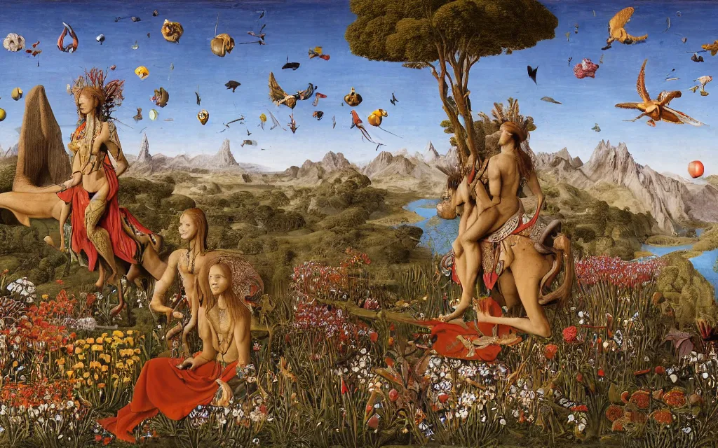 Prompt: a portrait photograph of a meditating sphinx and a centaur king riding birds at a wide river delta. surrounded by bulbous flowers, animals, trees and mushrooms. mountain range under a vast blue sky of burning stars. painted by jan van eyck, max ernst, ernst haeckel and artgerm, cgsociety, artstation, fashion editorial