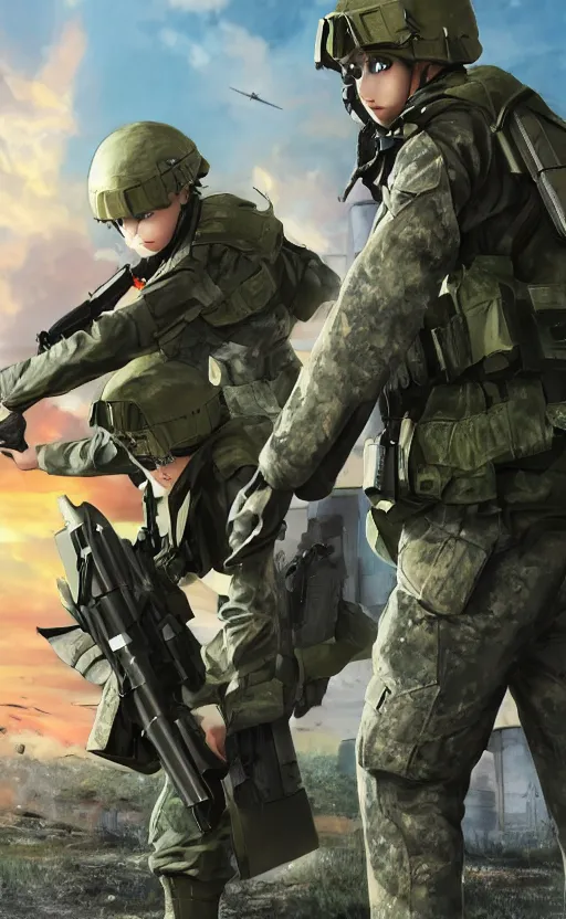 Image similar to girl, trading card front, future soldier clothing, future combat gear, realistic anatomy, war photo, professional, by ufotable anime studio, green screen, volumetric lights, stunning, military camp in the background, metal hard surfaces, generate realistic face, real eyes, strafing attack plane