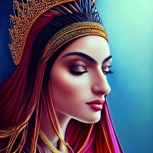 Image similar to Beautiful portrait of a Persian Princess who is an architect, beautiful princess, face painting, architecture, persian style architecture, beautiful body, attractive, babe, dramatic lighting, intricate, wild, highly detailed, digital painting, artstation, concept art, smooth, sharp focus, illustration, black+velvet+red+Turquoise, dark, art by artgerm and greg rutkowski and alphonse mucha, footage from space camera