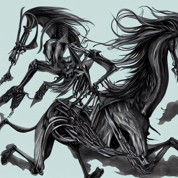 Prompt: long black hair vampire lord riding a skeletal horse, illustration, concept art