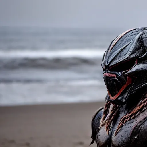 Image similar to high quality photo of The Predator Mask on the beach, realism, 8k, award winning photo