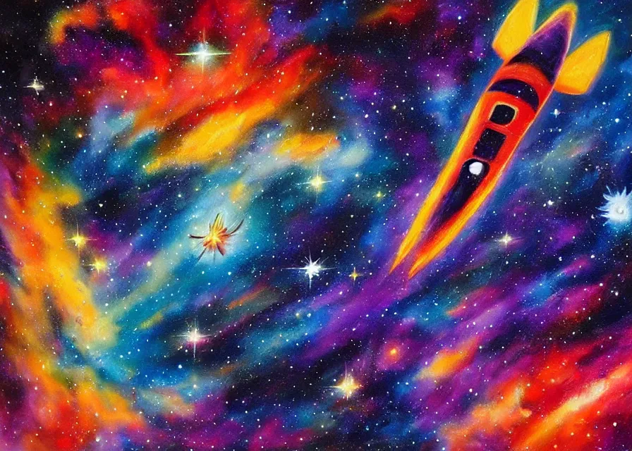 Prompt: spaceship flying over huge and colorful nebula, oil painting