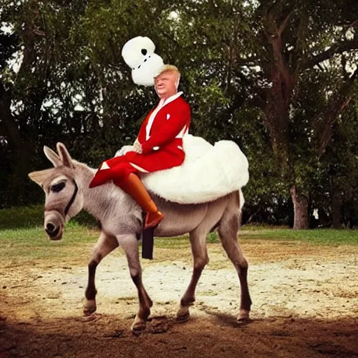 Prompt: cute donald trump riding a donkey wearing a maid outfit, realistic, photography, 8 k, award winning, kawaii