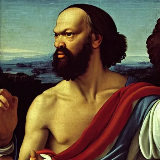 Prompt: socrates wearing a virtual reality headset looking up towards the stars, renaissance painting