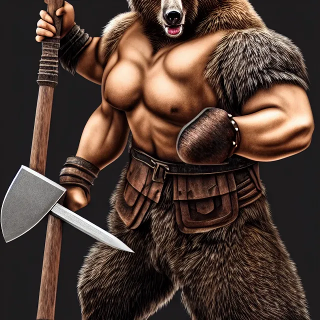 Image similar to bear warrior with a war hammer, artgerm, highly detailed, 8 k, hdr, close up, smooth, sharp focus, high resolution, award - winning photo