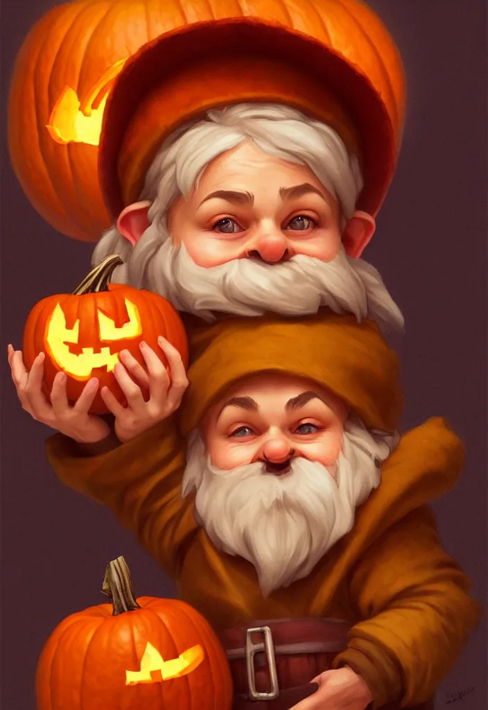 Image similar to hand drawn cute one gnomes face in autumn disguise holding pumpkin, detailed closeup face, concept art, low angle, high detail, warm lighting, volumetric, godrays, vivid, beautiful, trending on artstation, art by artgerm and greg rutkowski and alphonse mucha