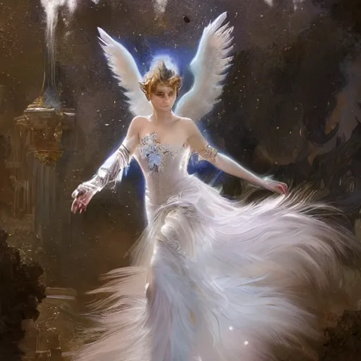 Prompt: hyperrealistic portrait of an angel woman descending onto a bladedrunner city of cats wearing white swan dress long feathers and sapphire jewellery by jeremy mann and alphonse mucha, fantasy art, photo realistic, dynamic lighting, artstation, poster, volumetric lighting, very detailed faces, 4 k, award winning