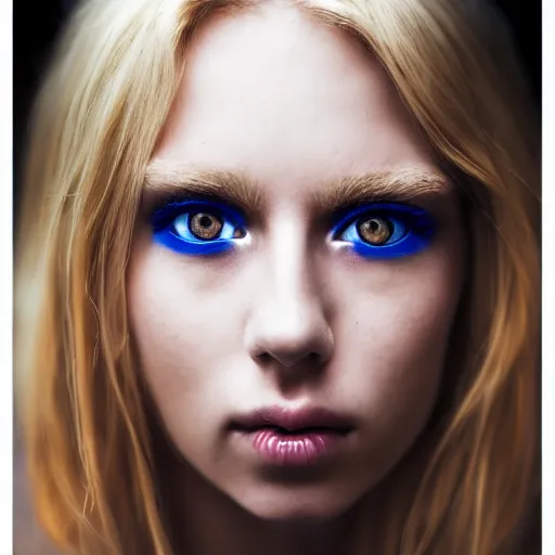 Image similar to A gorgeous blonde with blue eyes, in love, grungy, unkept hair, glowing eyes, modelsociety, radiant skin, huge anime eyes, RTX on, perfect face, intricate, Sony a7R IV, symmetric balance, polarizing filter, Photolab, Lightroom, 4K, Dolby Vision, Photography Award