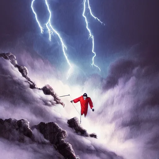 Prompt: dracula skiing down a mountain a night in a thunderstorm, digital art, highly detailed, epic composition, cinematic lightning