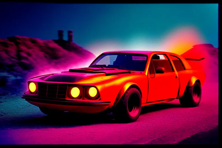 Prompt: stylized poster of the mad max's pursuit special concept, thick neon lights, ektachrome photograph, volumetric lighting, f 8 aperture, cinematic eastman 5 3 8 4 film