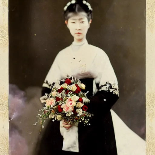 Prompt: A wide full shot, colored black and White Russian and Japanese mix historical fantasy a photograph portrait of the empress in her wedding gown holding her bouquet, 1907 photo from the official wedding photographer for the royal wedding.