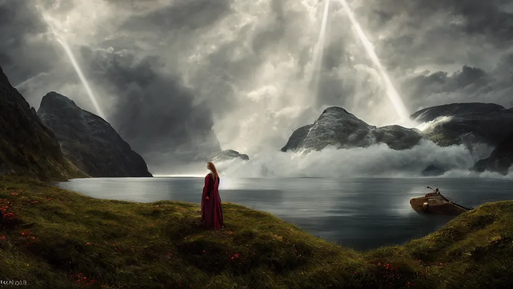 Image similar to queen, norway fjord, natalie portman back turned, hudson river school, max rive, stormy seas, white royal dress, f 1 6, bokeh, gentle, female, snowy, storm clouds, god rays, close up portrait, d & d, fantasy, elegant, low key color palette, concept art, roger deakins and greg rutkowski and alphonse mucha
