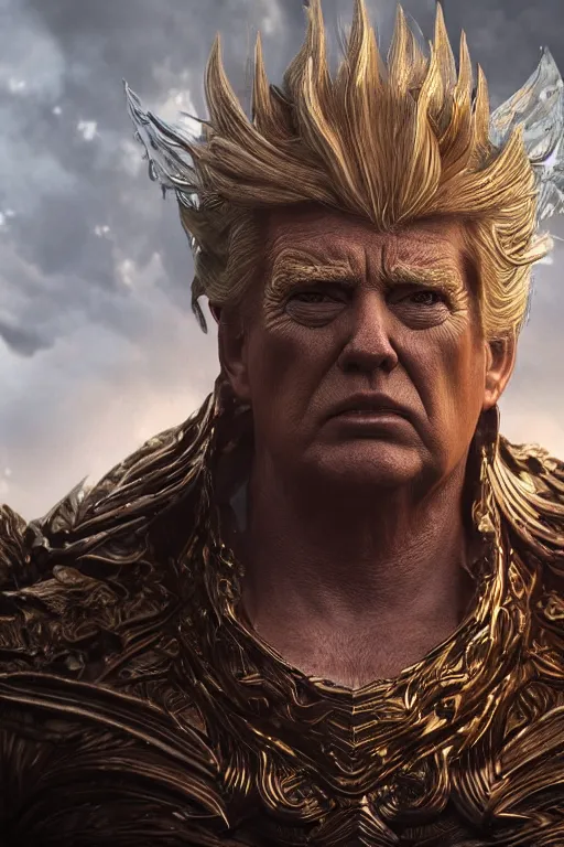 Image similar to an ultra detailed 3 d render of donald trump as an elden ring boss, 8 k resolution, in the style of a fantasy metal album cover, volumetric lighting, smooth, highly detailed, digital illustration, octane render, art by jeong seon and greg rutkowsi, artstation