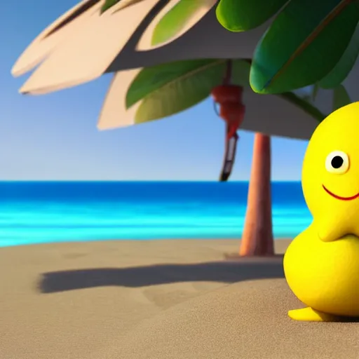 Image similar to a super cute cartoon network lemon character, it's is relaxing on a beach, by dalle - 2, octane render, 3 d, volumetric lightening,