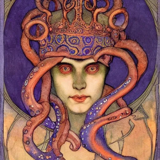 Image similar to the tentacle crown, by Annie Swynnerton and Nicholas Roerich! and (((Edmund Dulac))), bioluminescent skin, tattoos, elaborate costume, geometric ornament, symbolist, rich colors, dramatic lighting, smooth, sharp focus, extremely detailed