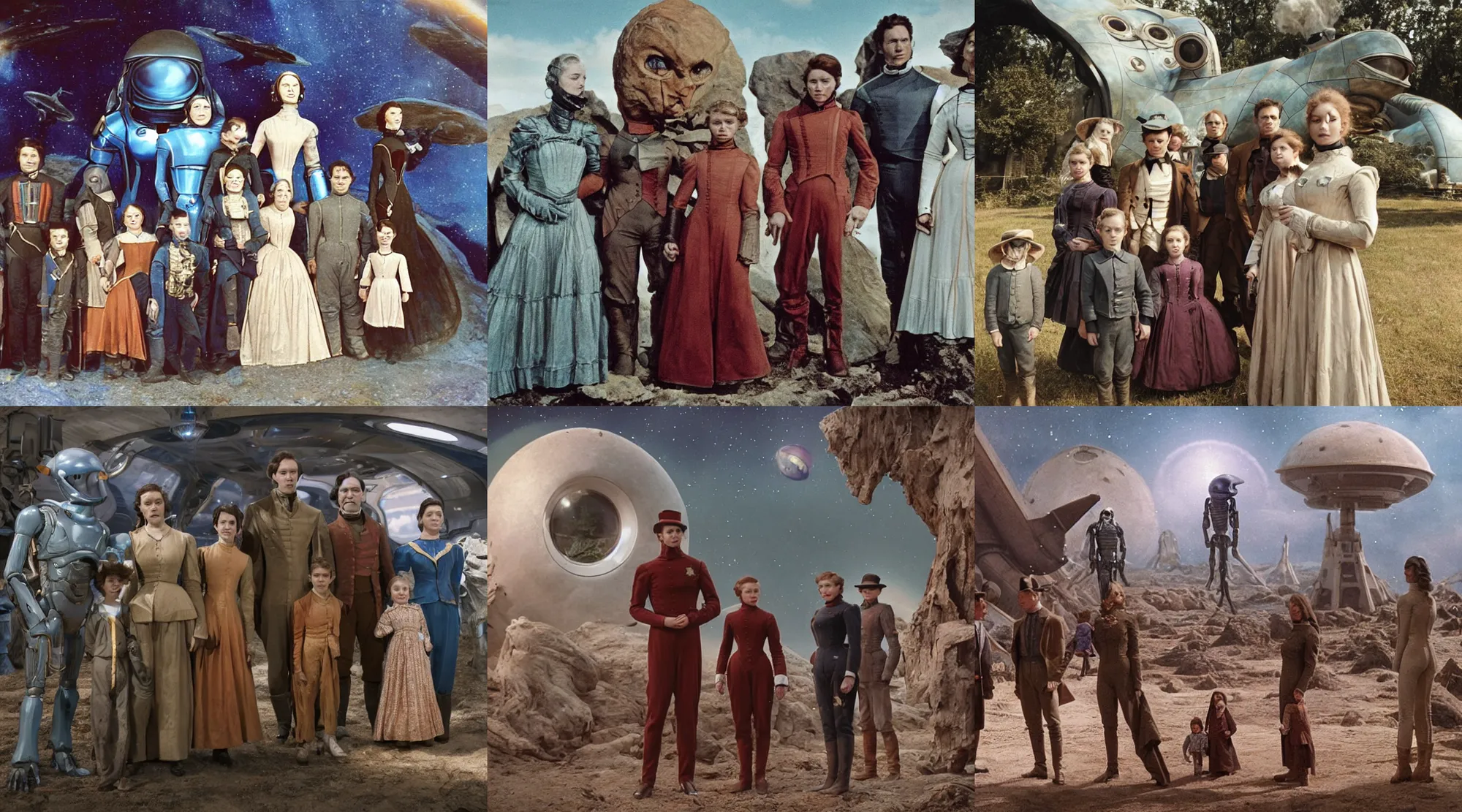 Prompt: 16k film still from a sci fi blockbuster color movie made in 2022, set in 1860, of a family standing in front of a spaceship that has just landed on an alien planet, a humanoid alien creature stands nearby, the family are all wearing 1850s era clothes, cinematic lighting, human faces, extremely good lighting, winner of seven oscars