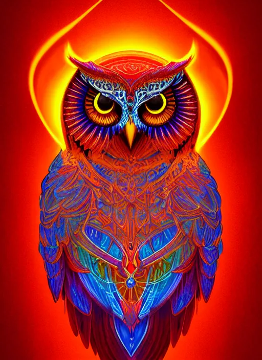 Prompt: symmetry!! product render poster vivid colors divine proportion owl, flame, glowing fog intricate, elegant, highly detailed, digital painting, artstation, concept art, smooth, sharp focus, illustration,