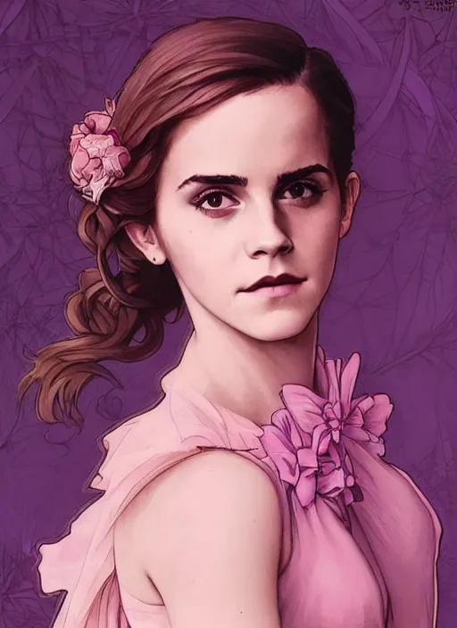Image similar to emma watson at the yule ball wearing revealing elegant pink and purple dress with flounces. beautiful detailed face. by artgerm and greg rutkowski and alphonse mucha