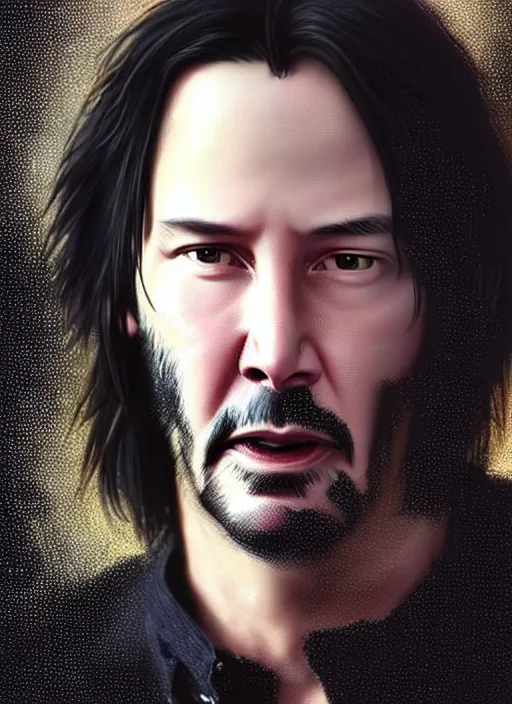 Image similar to keanu reeves made of particles!!!, male, portrait, intricate, highly detailed, digital painting, artstation, concept art, wallpaper, smooth, sharp focus, illustration, art by artgerm and greg rutkowski and alphonse mucha