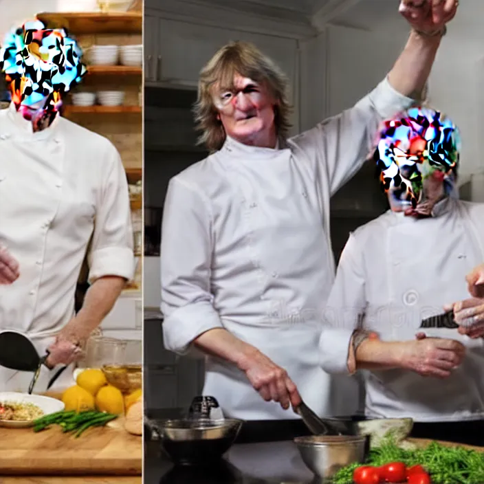 Image similar to vladimir putin and james may in white apron in kitchen cooking dinner. stock photo, photograph