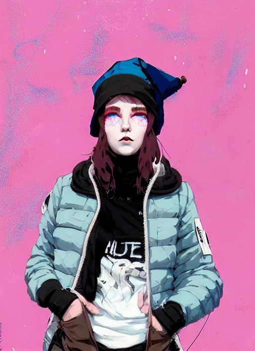 Image similar to highly detailed portrait of a street punk lady student, blue eyes, bubble jacket, hat, white hair by atey ghailan, by greg rutkowski, by greg tocchini, by james gilleard, by joe fenton, by kaethe butcher, gradient pink, black, brown and light blue color scheme, grunge aesthetic!!! ( ( graffiti tag wall background ) )