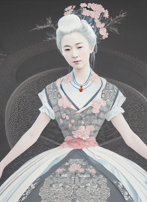 Image similar to portrait of a beautiful japanese princess with white hair dressed as a french maid, elegant, highly detailed, digital painting, an ultrafine detailed illustration by james jean, intricate linework, octane render, by ruan jia and zeen chin and alphonse mucha, unreal engine 5 highly rendered, ethereal, ominous, detailed and intricate environment