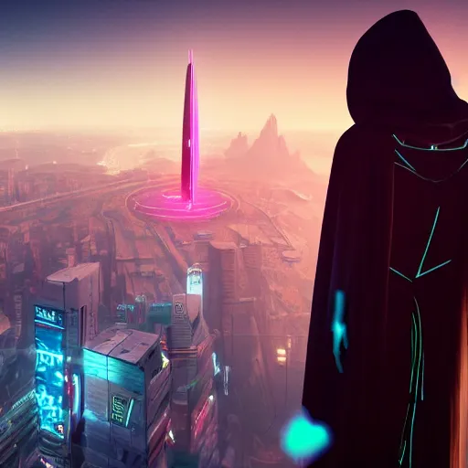 Image similar to a tall, skinny robot wearing a dark flowing robe and a hood, standing and staring out over a tall cliff, a futuristic city in the background, glowing neon lights, cyberpunk, 8 k, unreal engine render, highly detailed