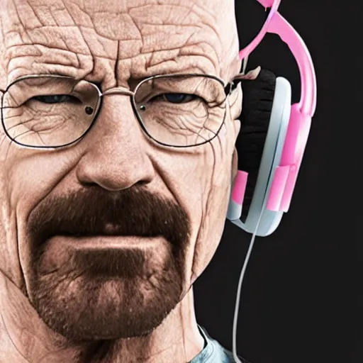 Image similar to close up, cropped award winning photo of walter white wearing pink headphones screaming and shouting, incredibly detailed, sharp focus, hyper realistic