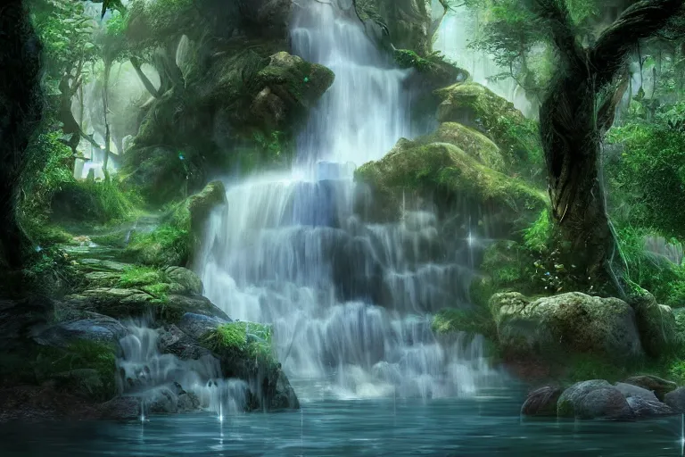 Image similar to a fantasy enchanted waterfall. cinematic lighting. photorealism.