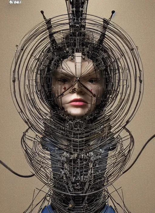Prompt: portrait of a futuristic geisha cyborg surrounded by wires, made from mechanical parts,, kintsugi, modern fine art, fractal, intricate, elegant, highly detailed, digital photography, subsurface scattering, in the style of ghost, by jheronimus bosch and greg rutkowski,