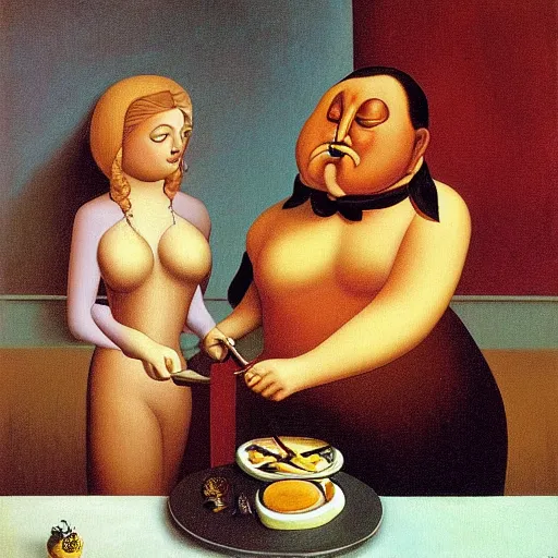 Prompt: the waitress said no, and i showed her a knife, painted by botero and salvador dali, detailed image