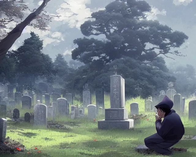 Image similar to a 50 year old brunnete chinese man kneeling over a grave in a cemetery, horror scene, dramatic, anime art, Greg Rutkowski, studio ghibli, dramatic lighting