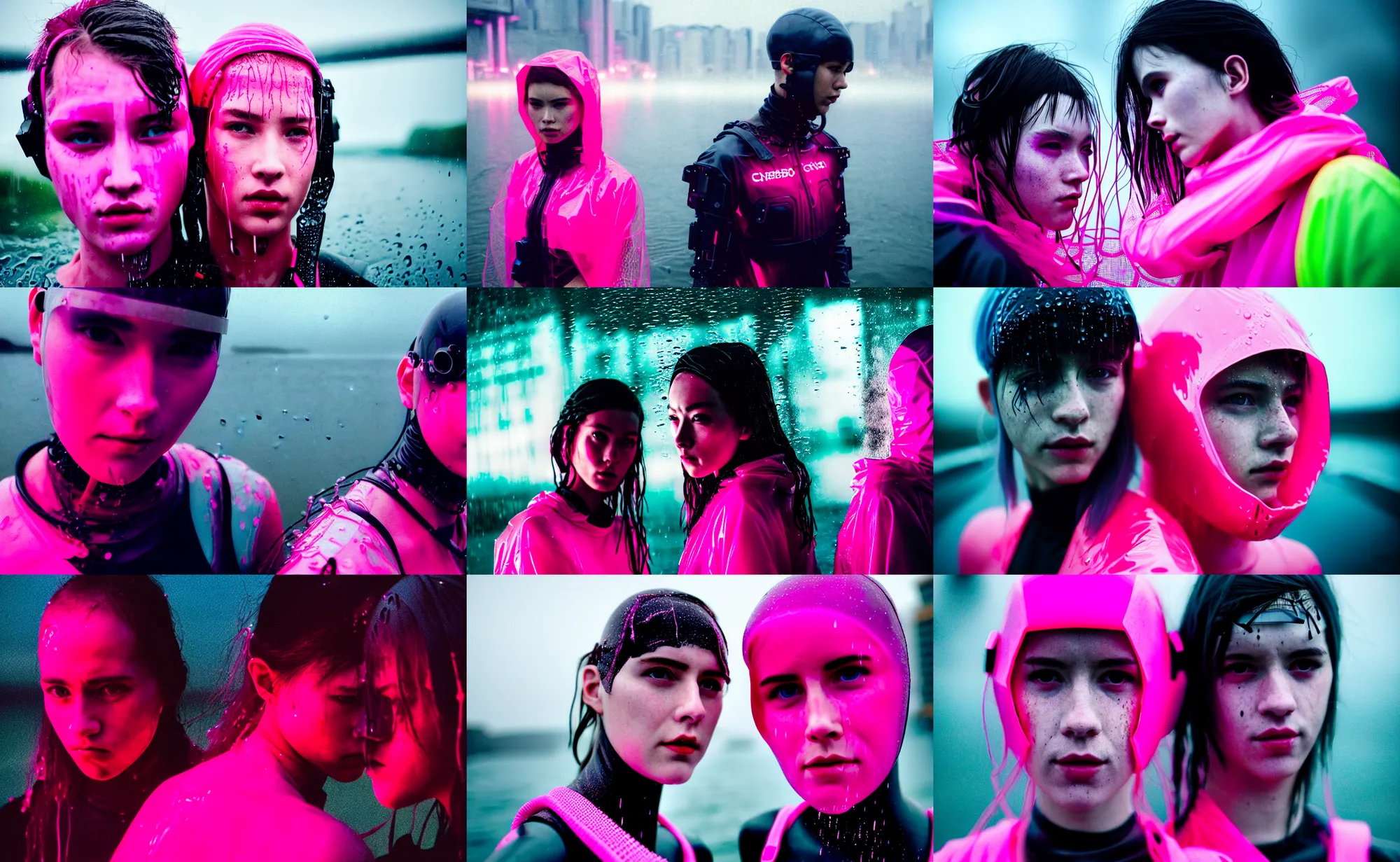 Prompt: cinestill 5 0 d candid photographic portrait by robert capas of two beautiful cyberpunks wearing rugged neon pink mesh techwear in treacherous waters, extreme closeup, modern cyberpunk moody depressing cinematic, pouring rain, 8 k, hd, high resolution, 3 5 mm, f / 3 2, ultra realistic faces, ex machina