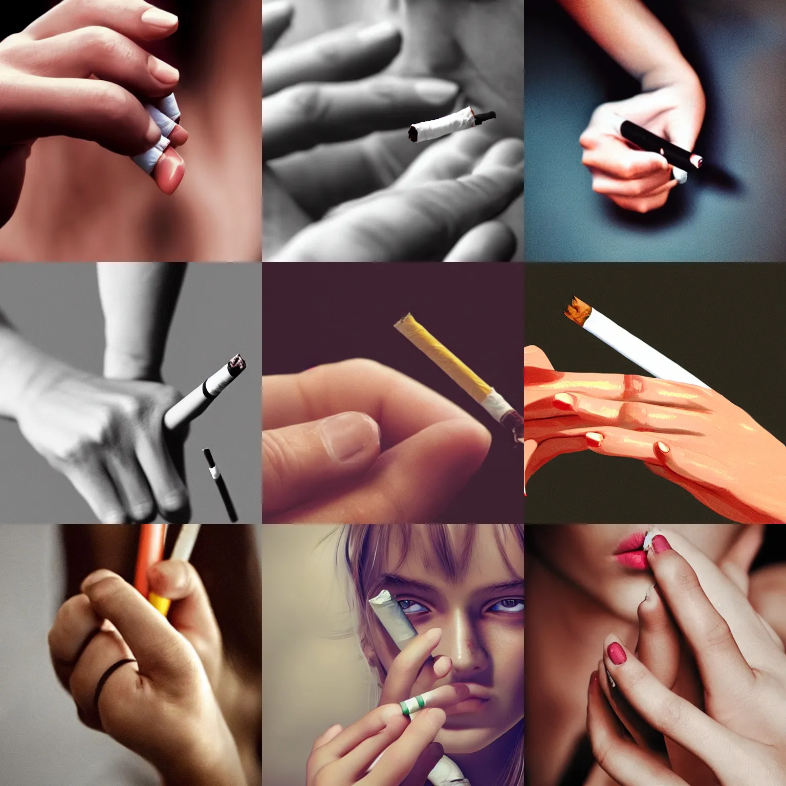 Prompt: a girl's hand holding a cigarette, to preserve the symmetry and geometry of the hands and fingers, highly detailed, super realistic, ultra detailed, realistic concept art