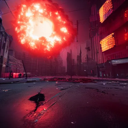 Image similar to a black hole is destroying a gothic cyberpunk City, catastrophic, fire and explosions, the feeling of dread, photorealistic, octane render, unreal engine