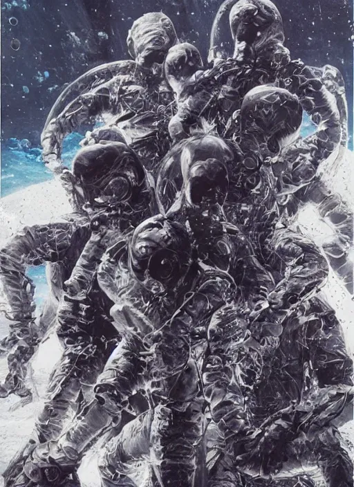 Image similar to astronauts in dark and void underwater - complex and hyperdetailed suit. reflection and dispersion materials. rays and dispersion of light. volumetric light. 5 0 mm, f / 3 2. noise film photo. flash photo. ultra realistic, poster by wayne barlowe, hajime sorayama aaron horkey, craig mullins, smooth plastic