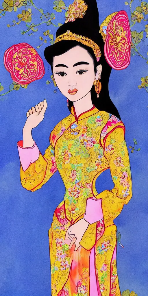 Image similar to silk painting of beautiful vietnamese princess wearing vietnamese ao dai, 2 d game character design, in the style of lam manh