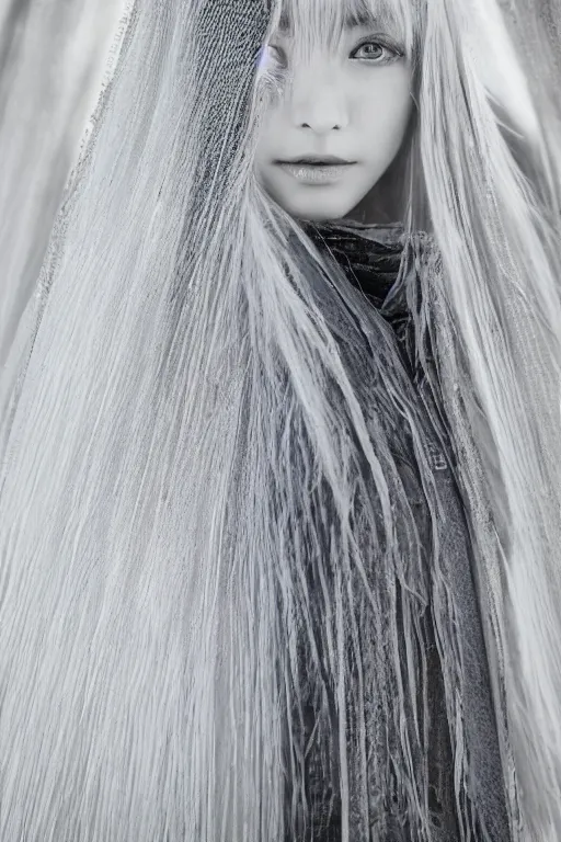 Image similar to beautiful girl with ice white hair wearing long futuristic highly detailed dark cloak designed by yohji yamamoto standing in a shadow of the soft light, mystery, mysterious, soft muted colors, simple shapes, wes anderson, golden ratio, perfect composition, happiness, cannon ef 6 5 mm f / 2. 8