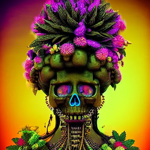 Prompt: a golden skull face african marijuanna shaman with an afro made of flowers, third eye art art by machina infinitum, complexity from simplicity, rendered in octane, mandelbulb 3 d, ambient occlusion, macro photography, felt!!! texture, tribal, neon retrowave, felt volumetric lighting