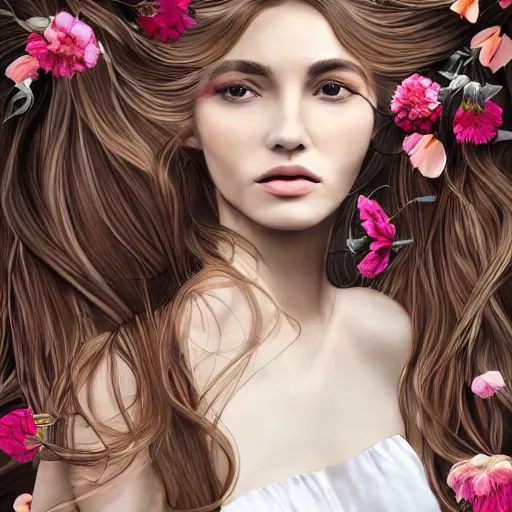 Image similar to Woman against a background of flowers, they are intertwined in her hair, the color of her hair white, coral lips and brown skin, she is in a white satin dress, photorealism style