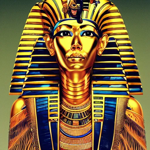 Image similar to portrait of crazy tutankhamun, symmetrical, by yoichi hatakenaka, masamune shirow, josan gonzales and dan mumford, ayami kojima, takato yamamoto, barclay shaw, karol bak, yukito kishiro