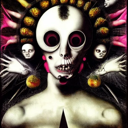 Image similar to post - punk new age album cover, asymetrical design, magic, apocalypse, psychedelic, black white pink, magic, giger h. r., giuseppe arcimboldo