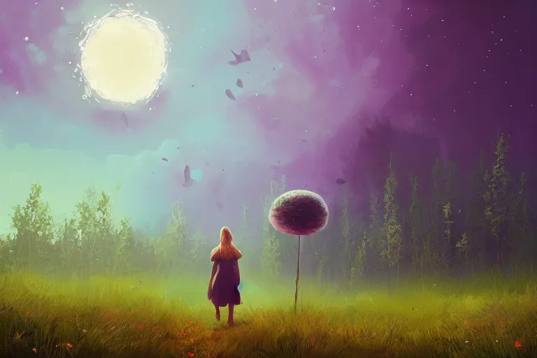 Image similar to giant daisy flower as face, girl walking in forest, surreal photography, dark night, stars, moon light, impressionist painting, clouds, digital painting, artstation, simon stalenhag